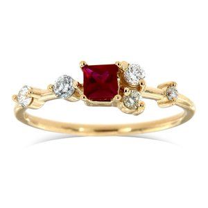 14K YG Petite Red Square Ruby Diamond Ring 1/4 ct.
